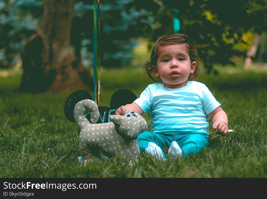 Toddler Wearing Teal T-shirt and Teal Pants Beside Gray Cat Plush Toy