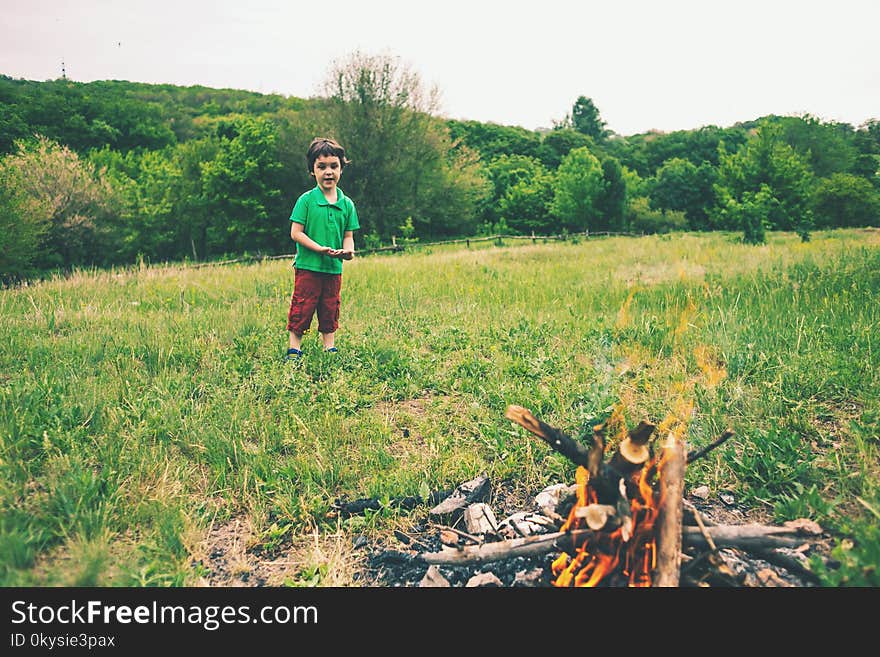 The boy is standing by the fire. The child collects firewood for the bonfire. Camping in nature. Picnic in the forest glade.