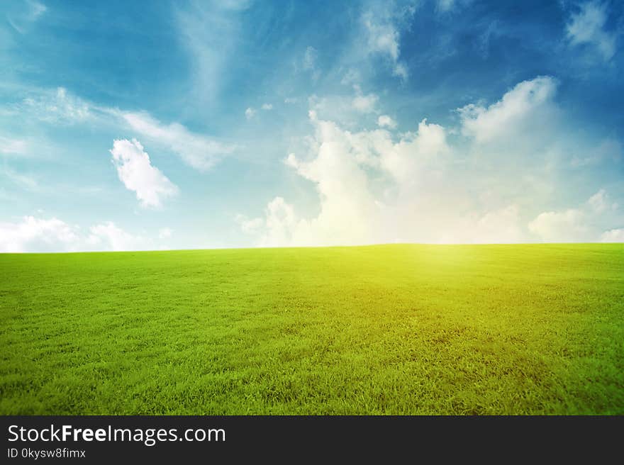 Green field under blue sky Beauty nature background with sunlight. Green field under blue sky Beauty nature background with sunlight