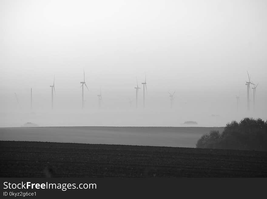 Fog, Wind Farm, Windmill, Black And White