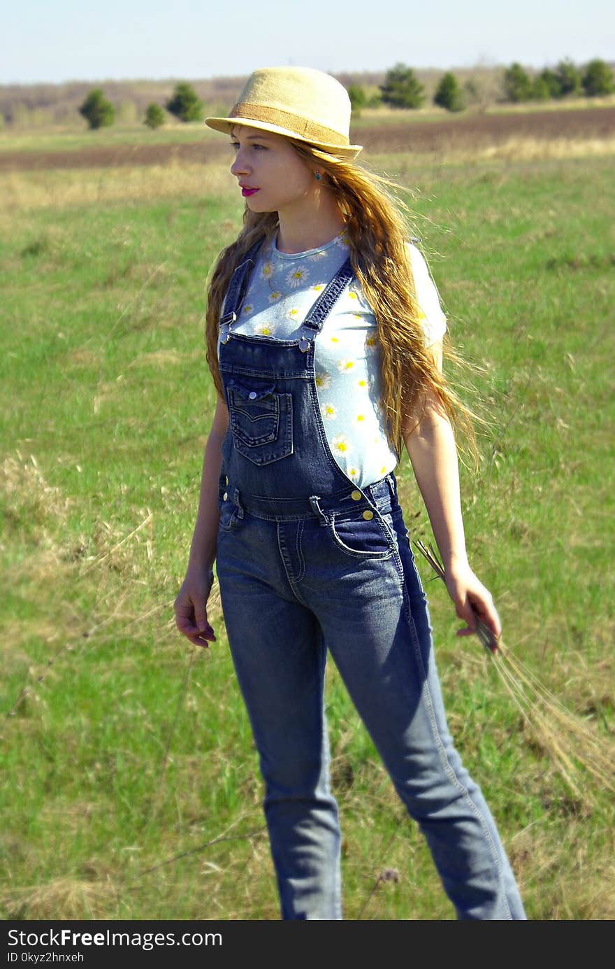 Jeans, Denim, Grass, Headgear