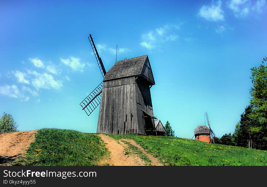 Windmill, Sky, Mill, Grassland