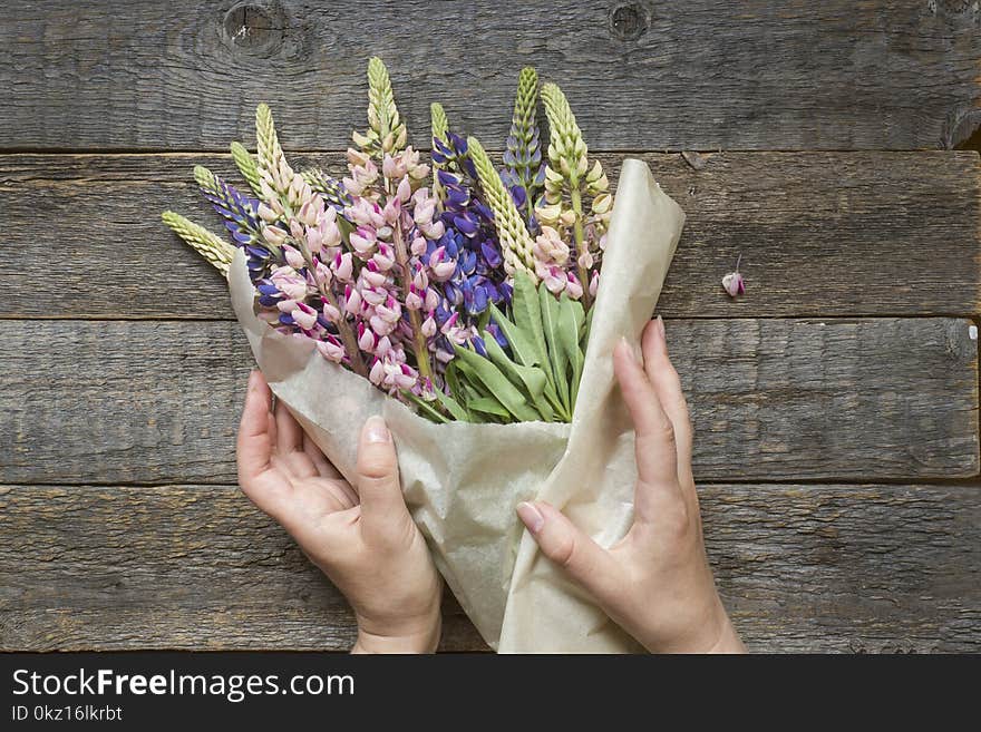 Women`s Hands Are Collected In A Bouquet Of Lupine Flowers On A Wooden Background