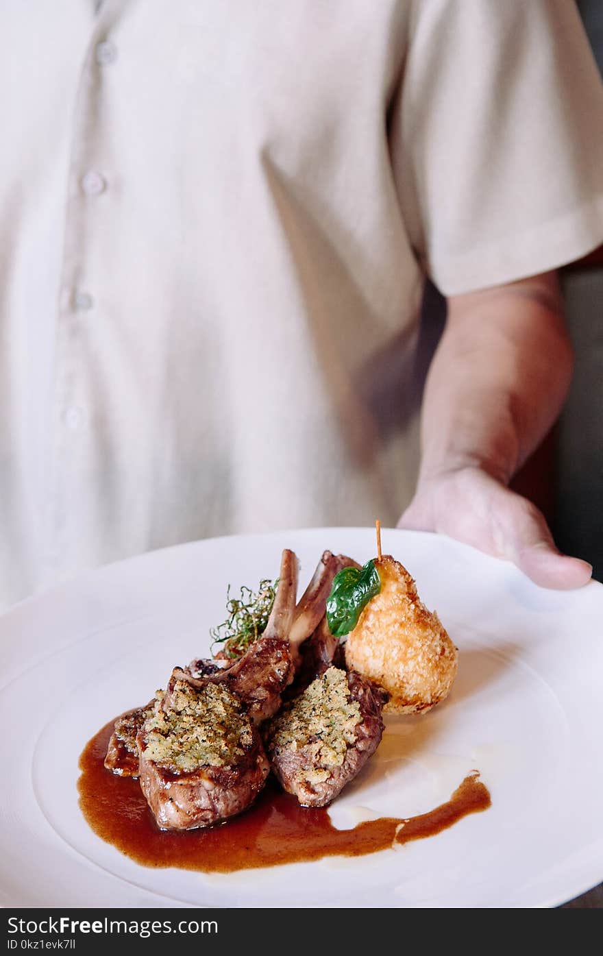 Grilled Lamb Chops With Crust, Gravy And Deep Fried Potato