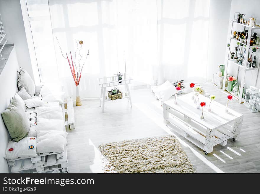 Modern white living room interior in sunny morning. Modern white living room interior in sunny morning