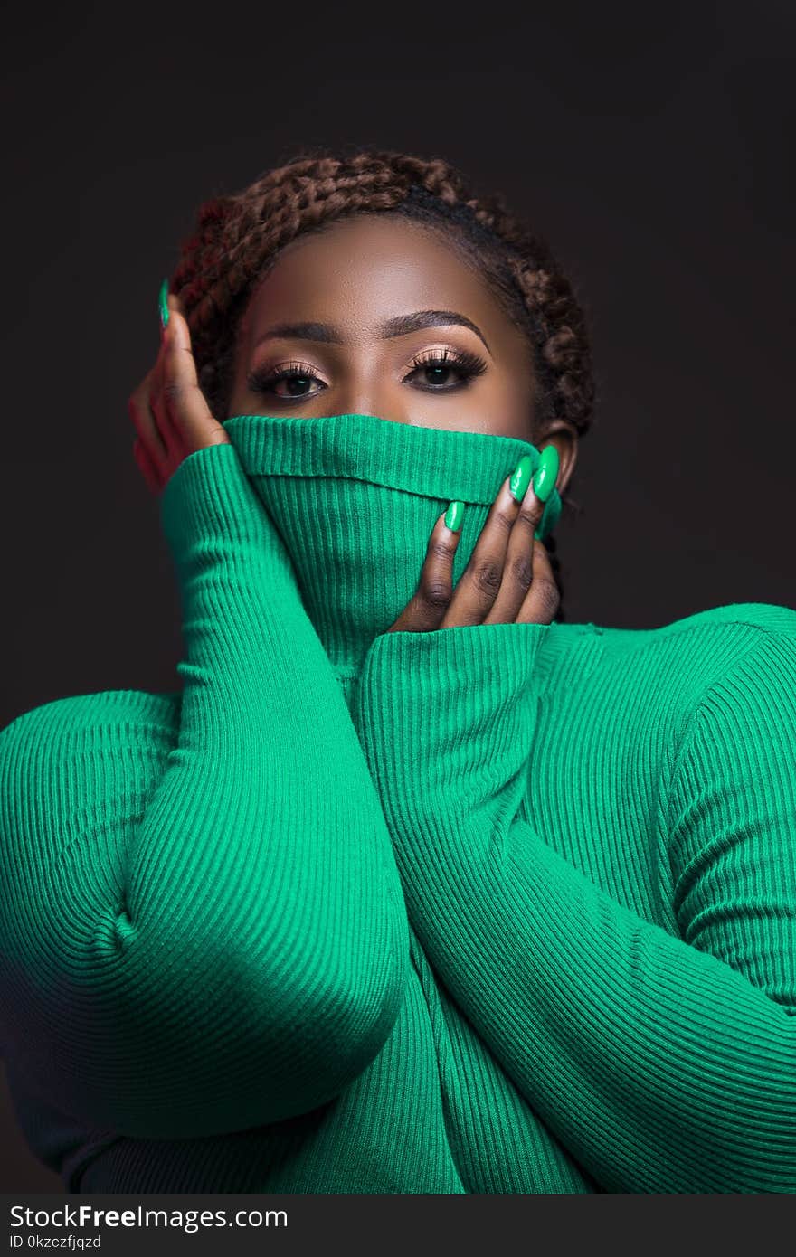 Woman Wearing Green Rib Turtleneck Sweater