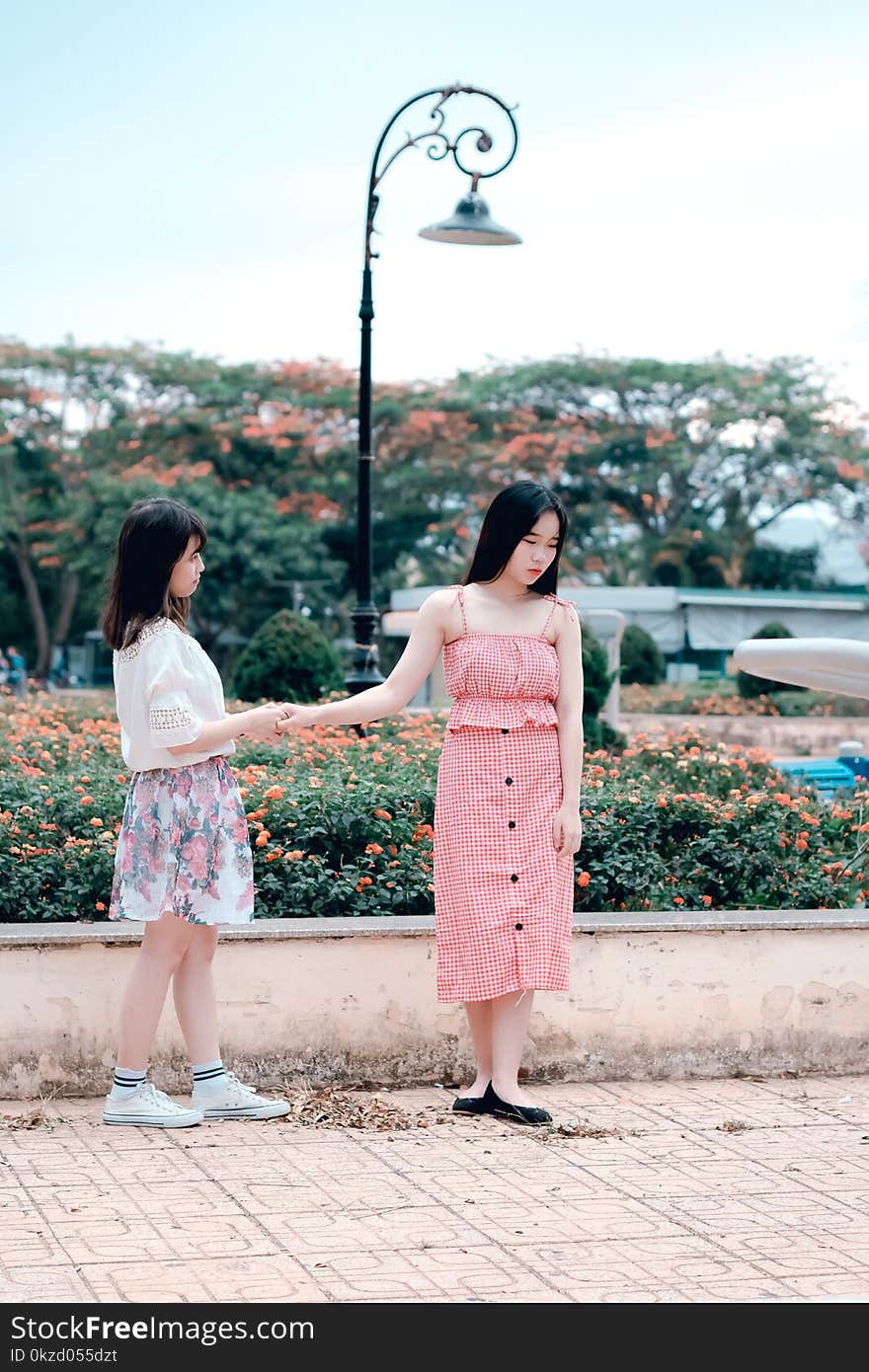 Two Women Holding Hands Under Green Metal Post Lamp