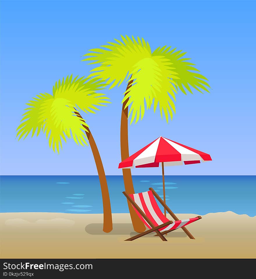 Tropical Beach with Chaise Lounge Under Pam Trees