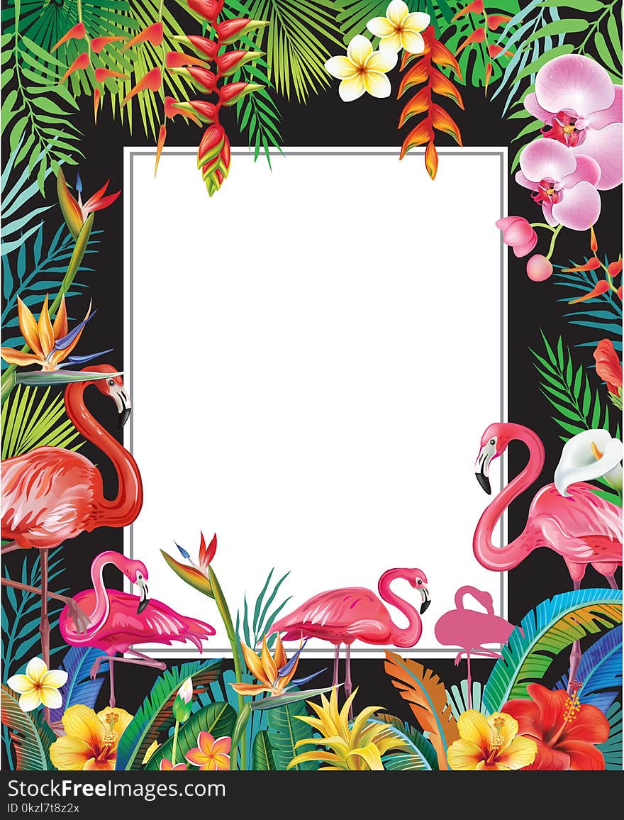 Summer Party Poster with Flamingoes and Tropical Flowers. Summer Party Poster with Flamingoes and Tropical Flowers