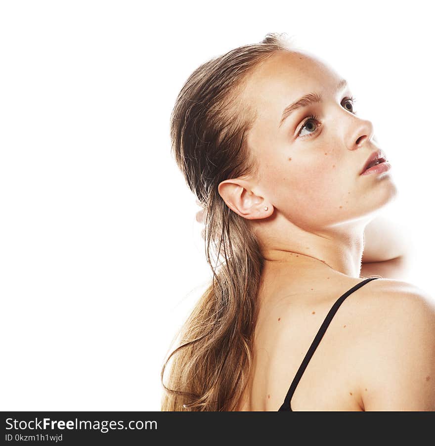 Young attractive woman wet long hair after workout isolated on white