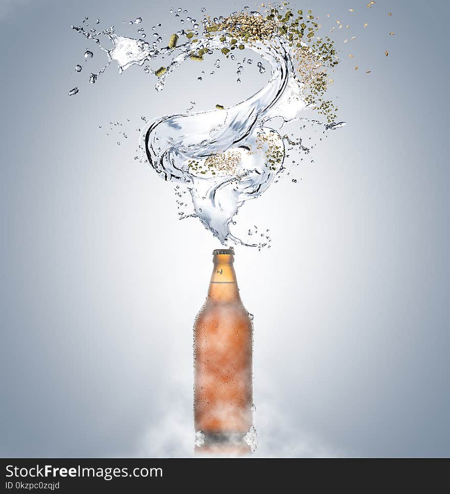 Cold beer with pieces of ice and drops by the bottle and splashes of water, lupus, malt on gray background