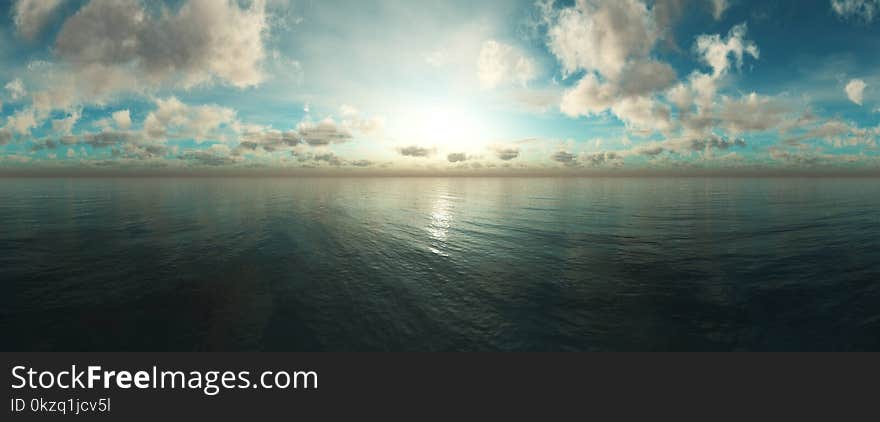 Panorama of sunset. Sunset on the sea shore. 3D rendering Beautiful sunset over the water. Sea sunset. Panorama.