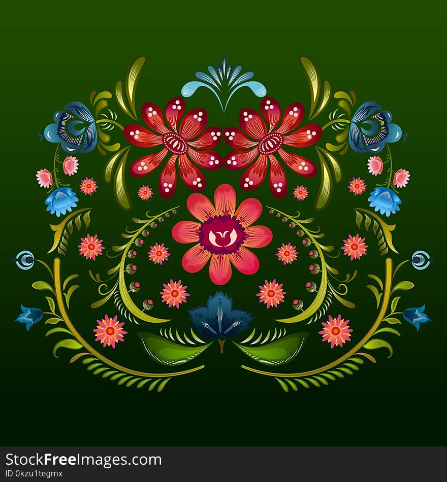 Ornamental flower design of Khokhloma a Russian style painting