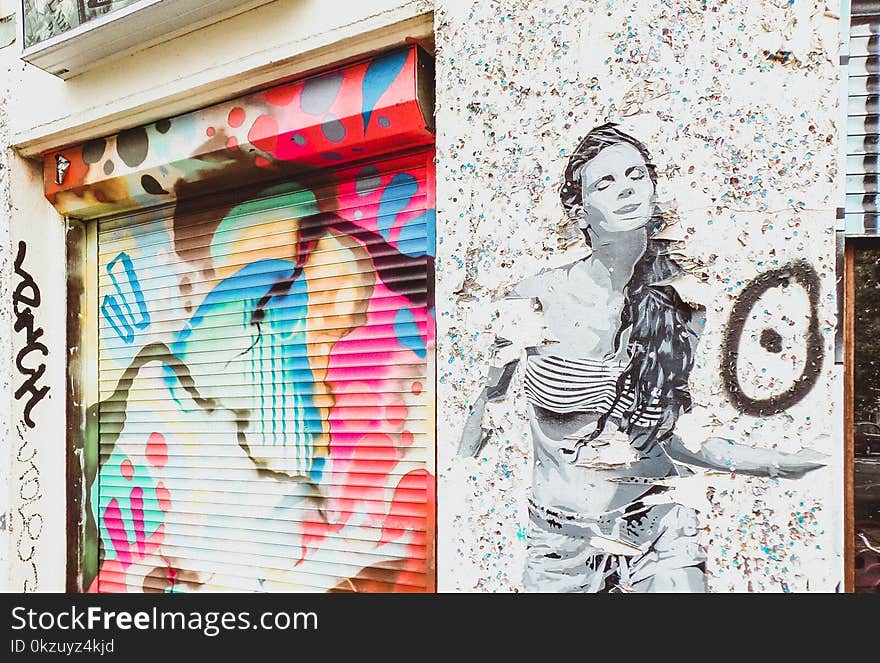 Stencil Art of Woman on Wall Near Door Shutter With Graffiti