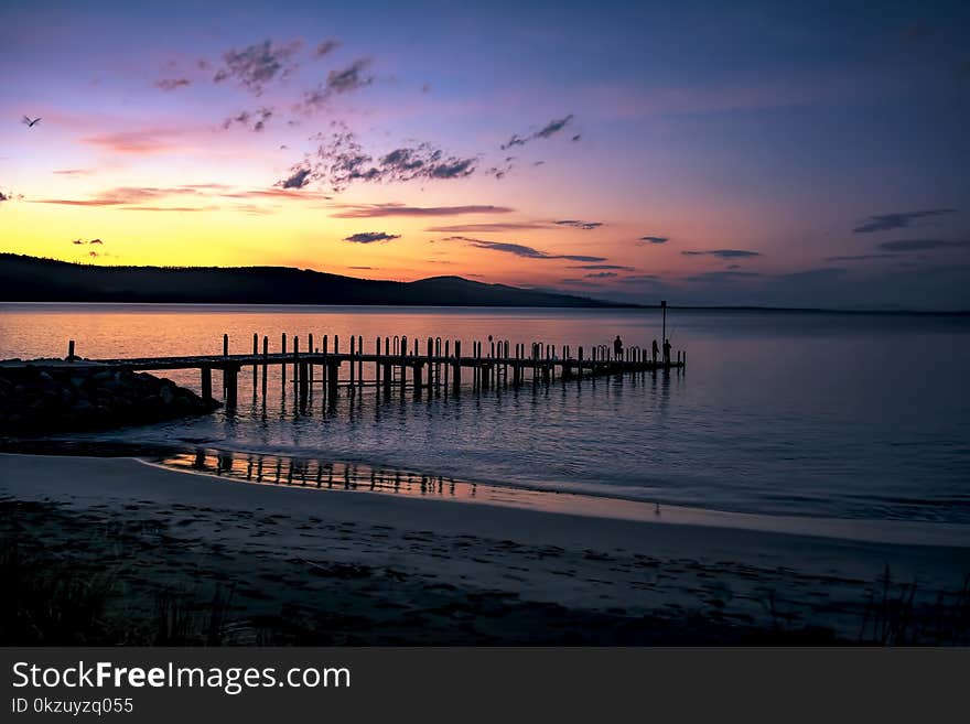 Silhouette of Seadock on Body of Water during Sunset