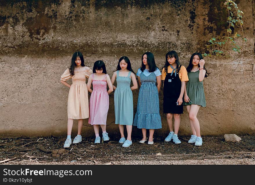 Six Women Leaning on Brown Wall