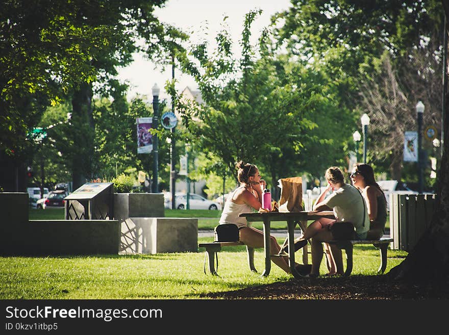 Three Women Sitting On Benches