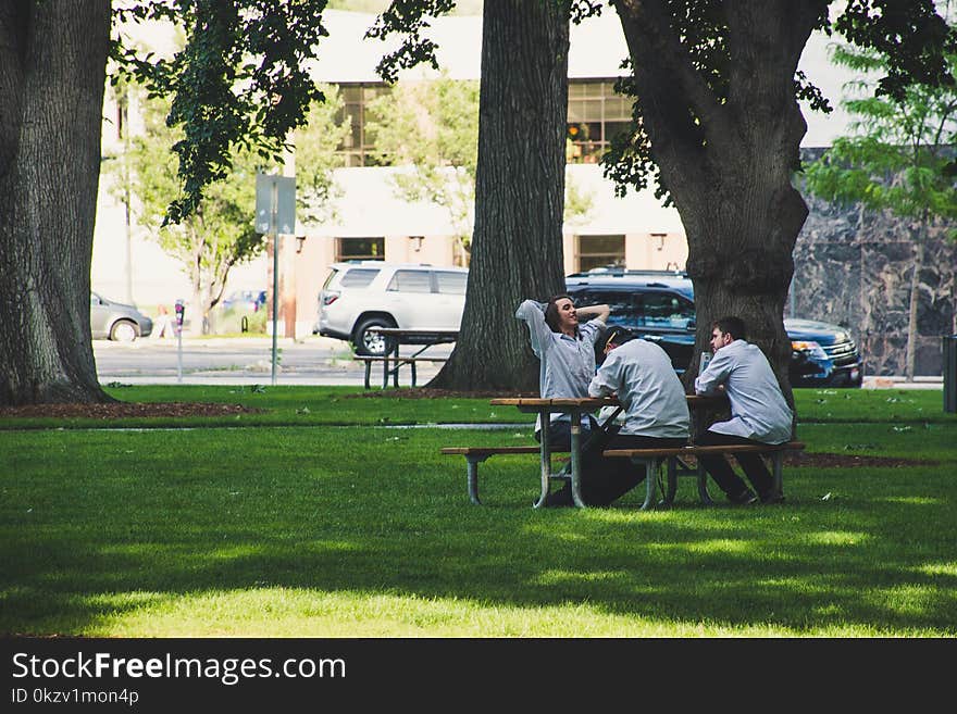 Photo Of Men Sitting On Picnic Bench