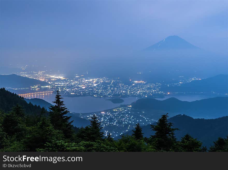 Mt.Fuji and Kawaguchiko lake at night. Mt.Fuji and Kawaguchiko lake at night