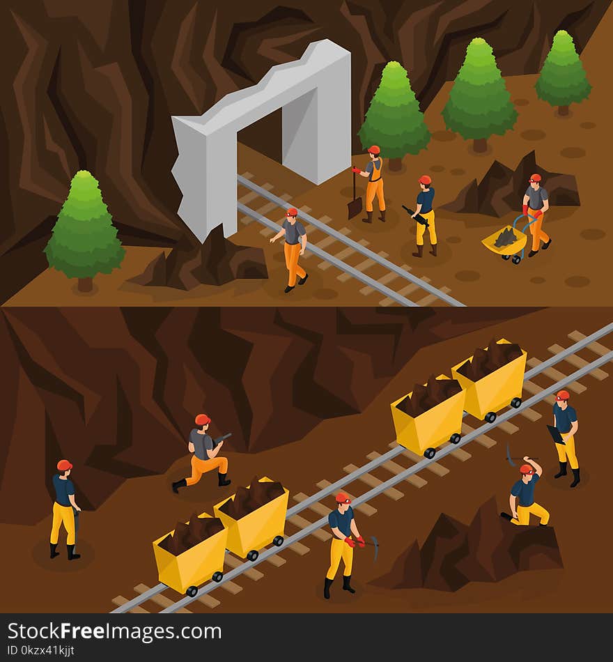 Isometric coal extraction industry horizontal banners with miners working in mine and near entrance in tunnel vector illustration