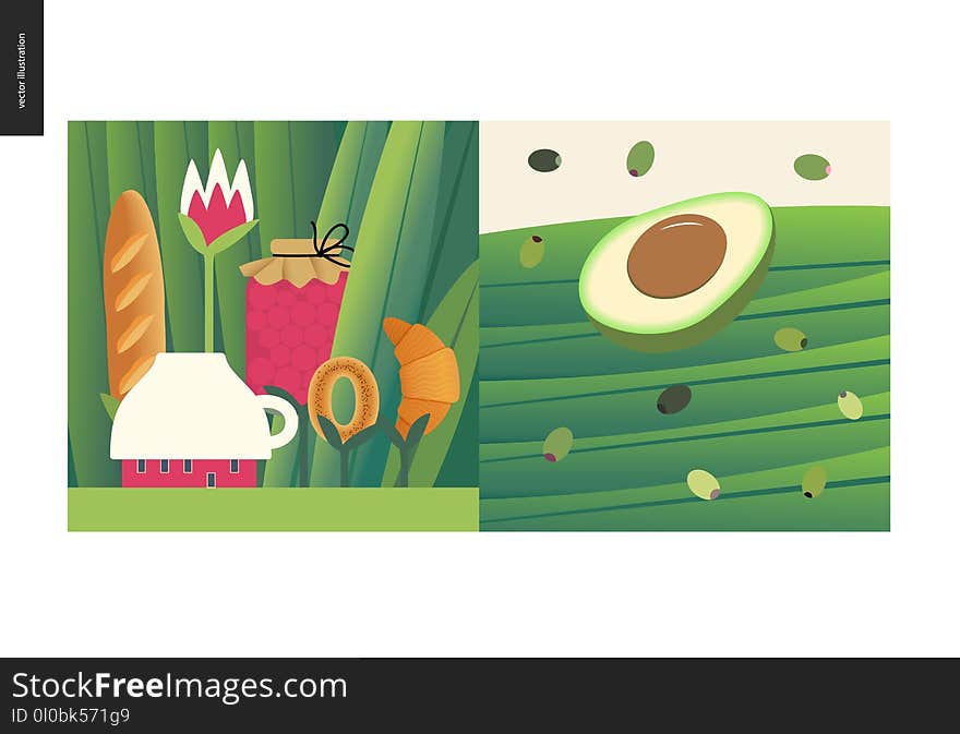 Simple things - meal - flat cartoon vector illustration of tiny cup house and tee meal among huge grass trunks, jam, bread loaf, croissant, half of avocado and black green olives - meal composition