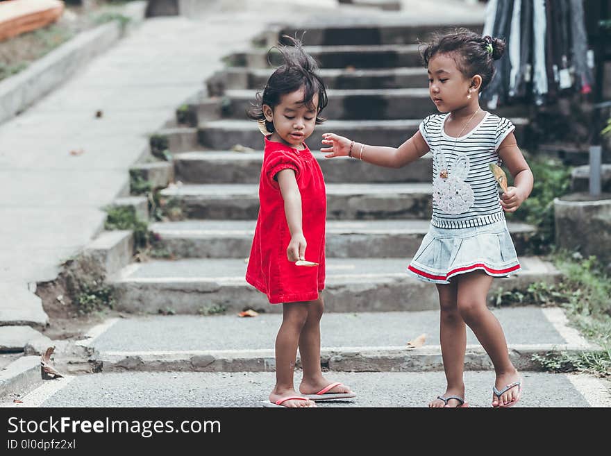 Two Toddler Wearing Red and Gray Dresses