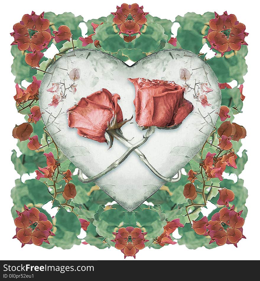 Digital art collage technique love concept ornament design with heart and flowers motif isolated on white background. Digital art collage technique love concept ornament design with heart and flowers motif isolated on white background