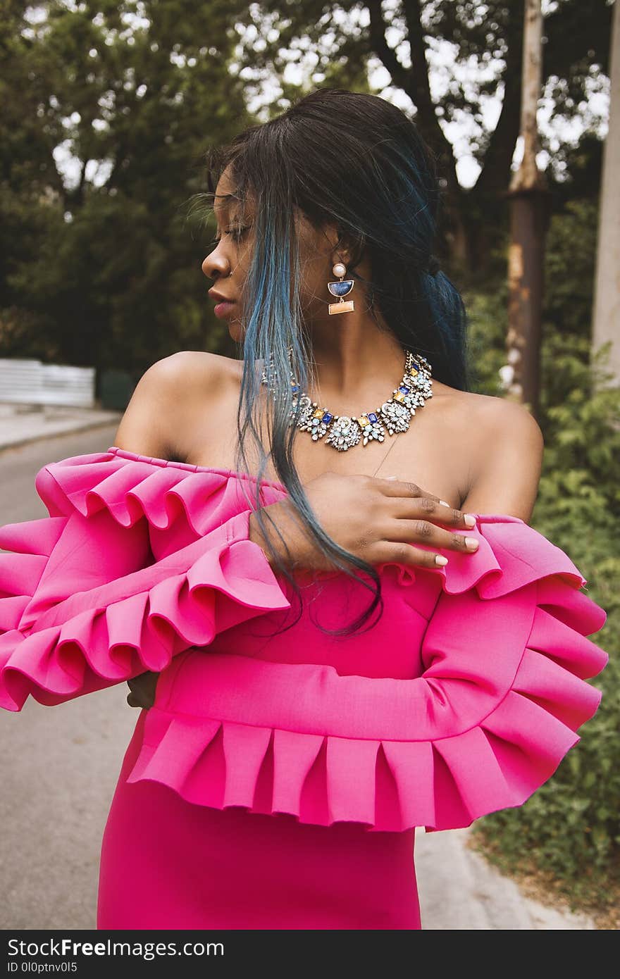 Woman Wearing Pink Off-shoulder Dress