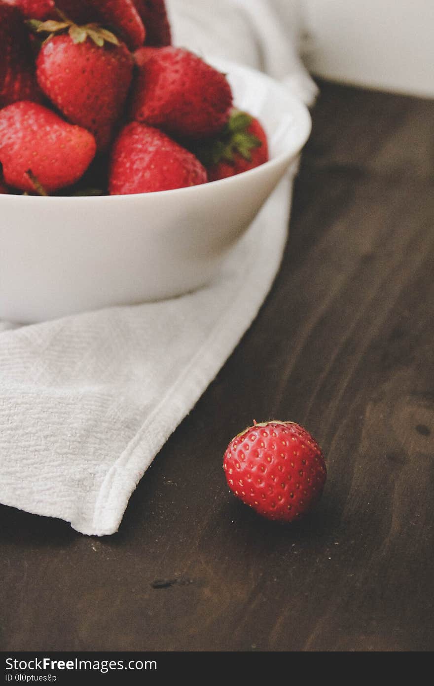 Red Strawberries on White Ceramic Bowl