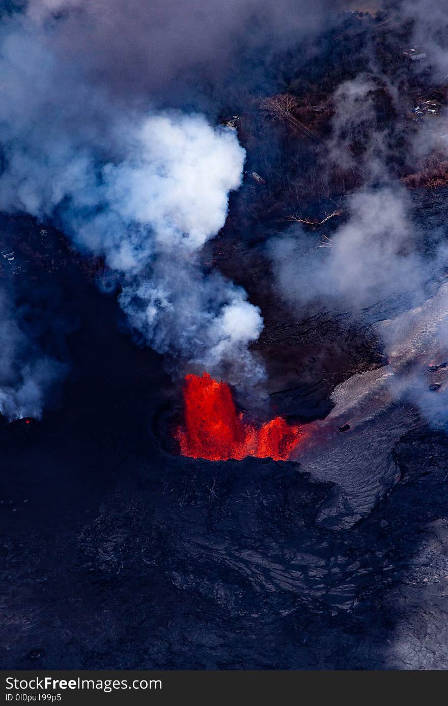 Red Lava and Smoke of Volcano