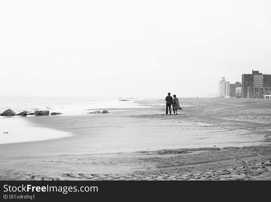 Sea, Beach, Body Of Water, Black And White