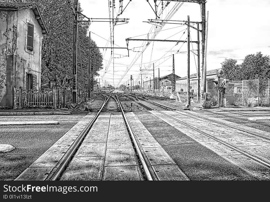 Track, Transport, Rail Transport, Black And White