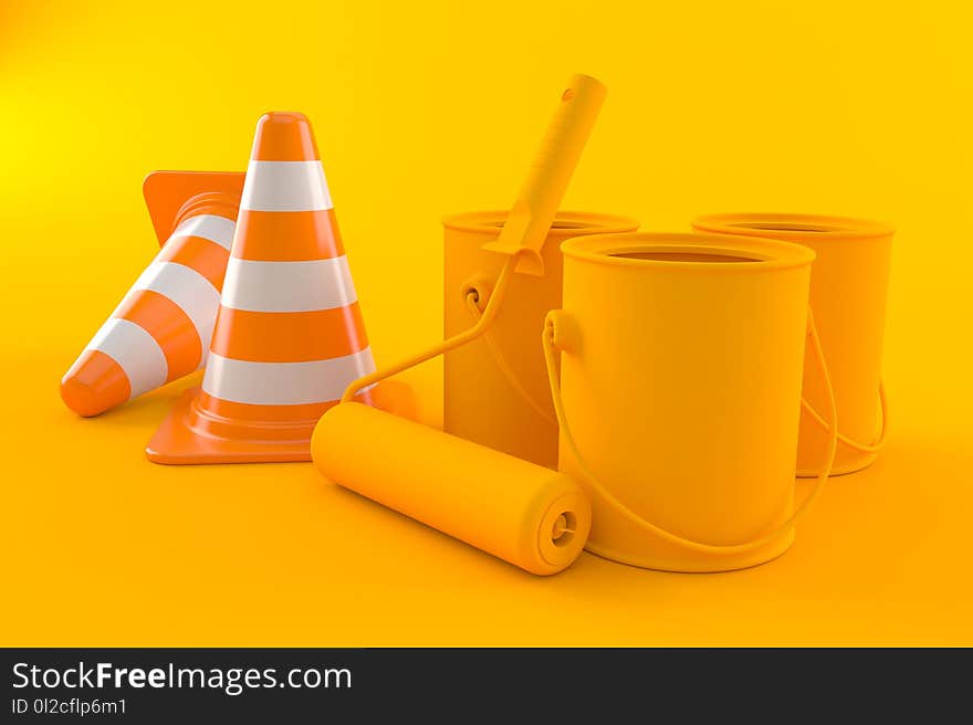 Renovation background with traffic cone in orange color. 3d illustration