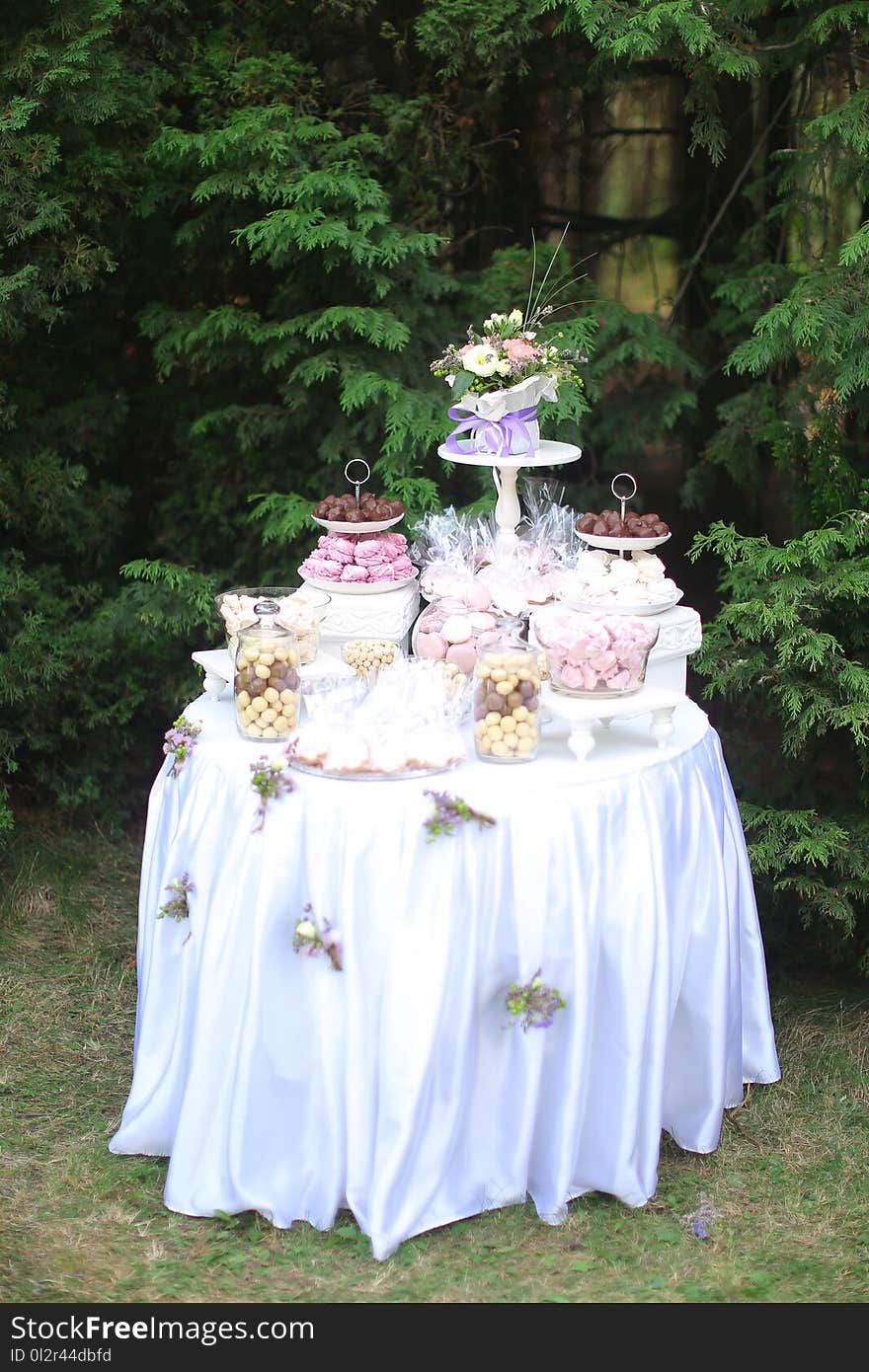 White table with sweets and tasty food in park.