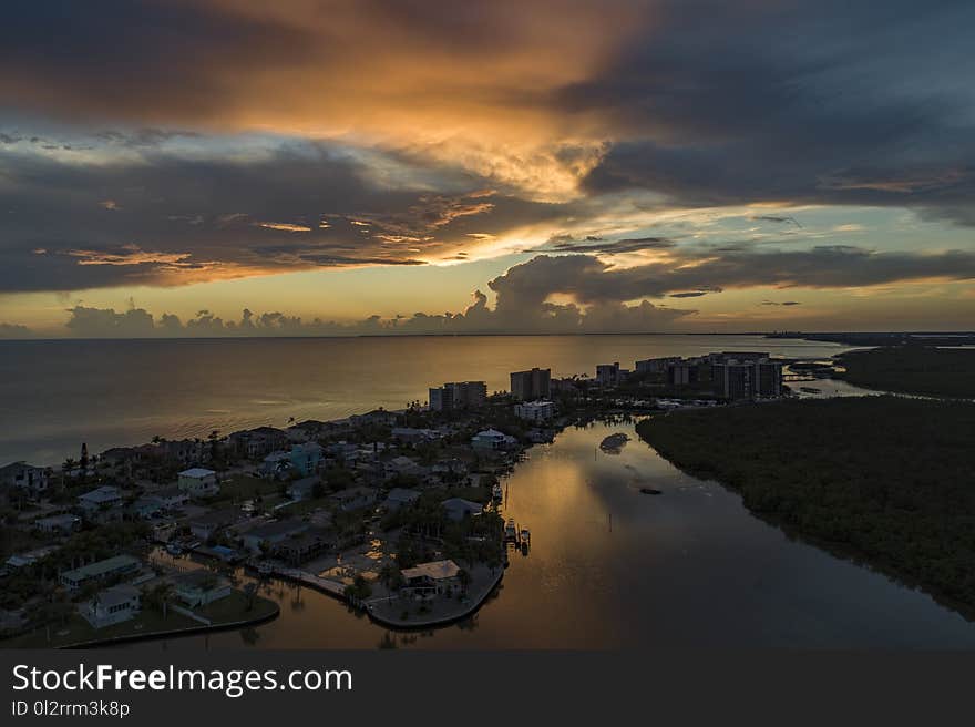 Birds Eye View of Town during Golden Hour