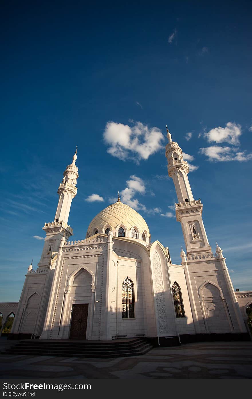 Bulgarians Tatarstan. White Islamic mosque on a Sunny day. Bulgarians Tatarstan. White Islamic mosque on a Sunny day