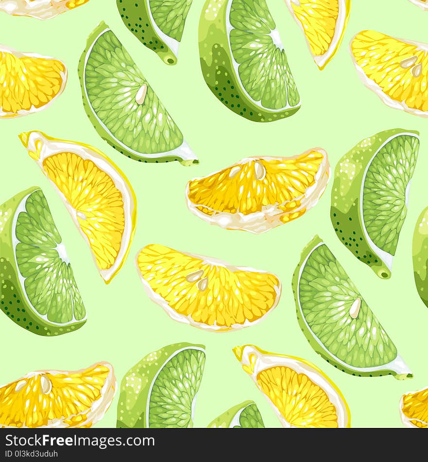 Seamless pattern with citrus slices of lemon and lime tree fruits in realistic vector illustration in bright colors