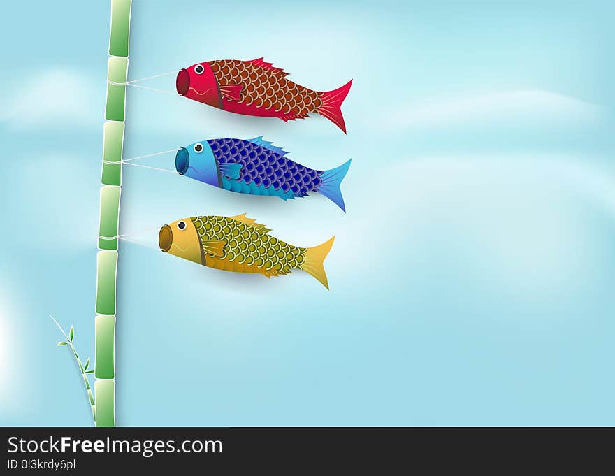 Koi fish flag flying on branch of Japnaese festival background, paper cut, paper art illustration