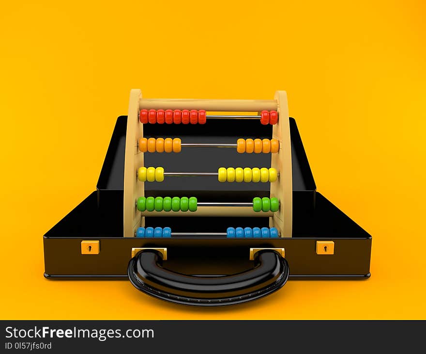 Abacus inside briefcase isolated on orange background. 3d illustration