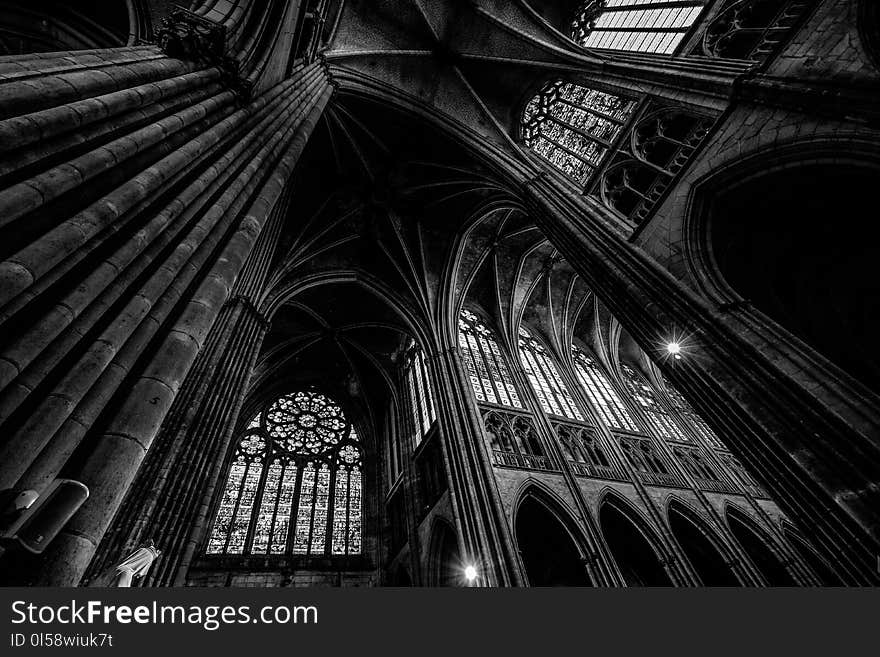 Grayscale Photography of Cathedral Ceiling