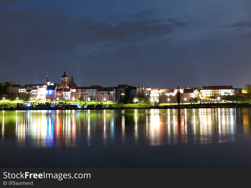 Reflection, Waterway, Night, Cityscape