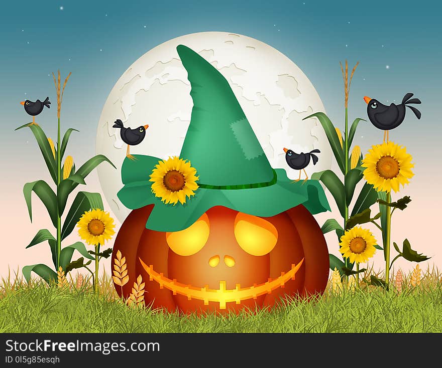 Illustration of pumpkin with scarecrow hat