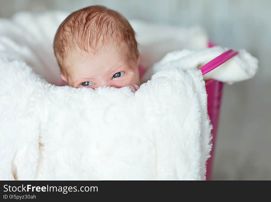 Newly born baby girl on the white fur blanket placed in pink bucket. Newly born baby girl on the white fur blanket placed in pink bucket