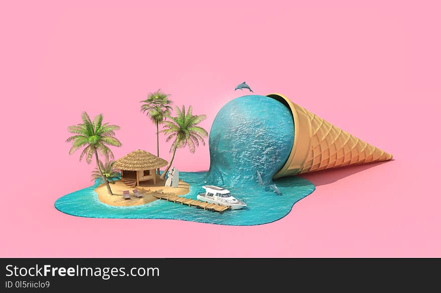Travel concept. Relaxation island in the sea as melting ice cream. 3d illustration