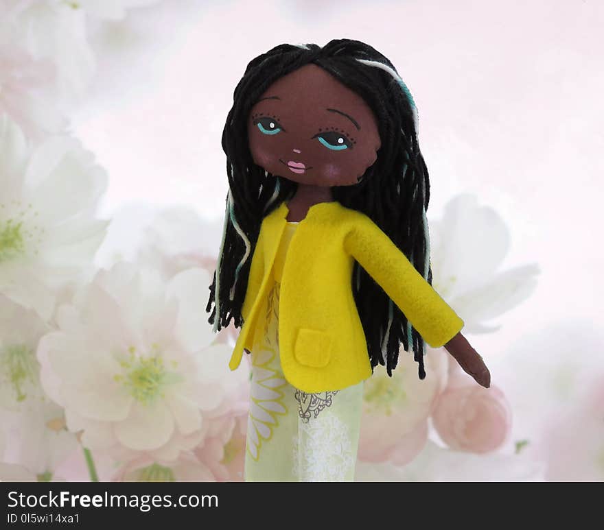 Doll, Yellow, Flower, Black Hair