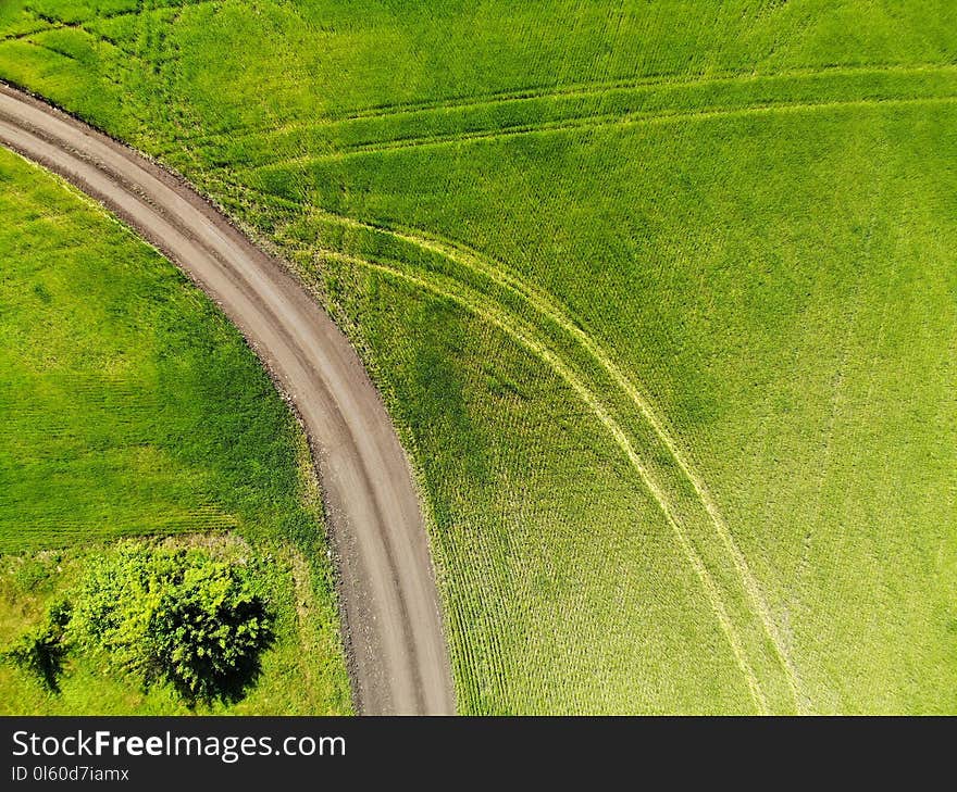 view from above on a field with a road in Russia