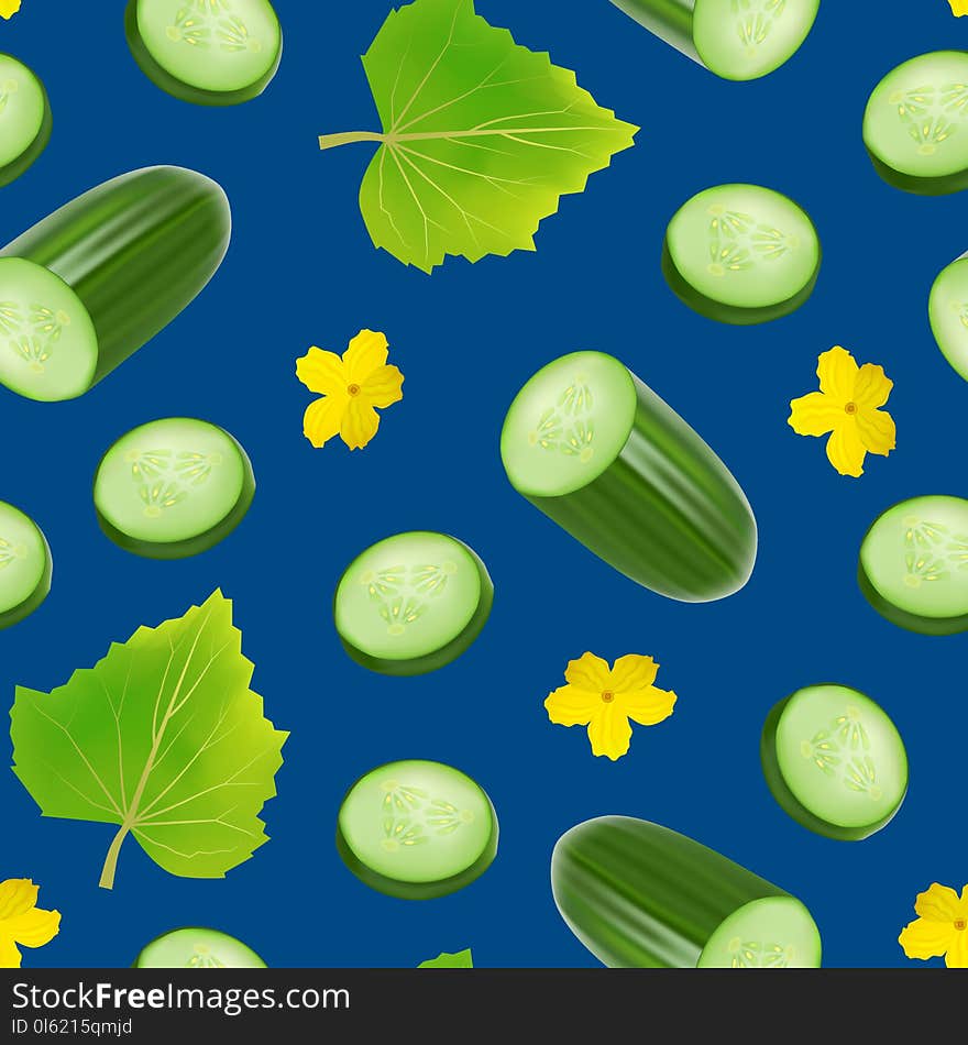 Realistic 3d Green Raw Whole Cucumber, Slices, Flower and Leaves Seamless Pattern Background for Salad Recipe, Market. Vector illustration. Realistic 3d Green Raw Whole Cucumber, Slices, Flower and Leaves Seamless Pattern Background for Salad Recipe, Market. Vector illustration