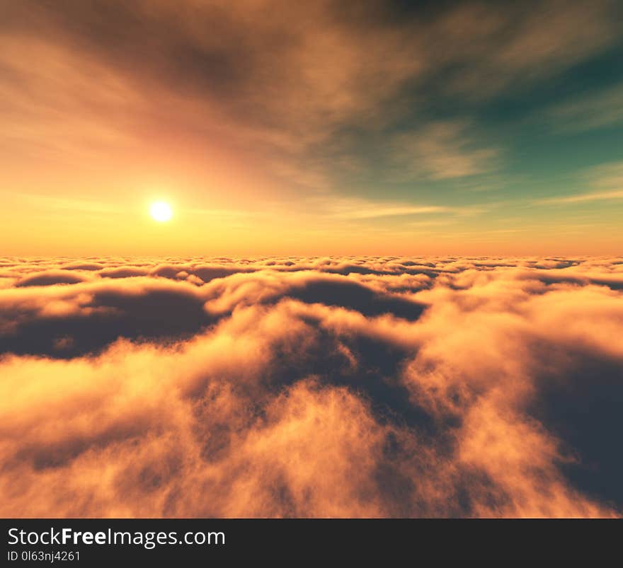 Over the clouds, a panorama of the sunset in the clouds, 3D rendering