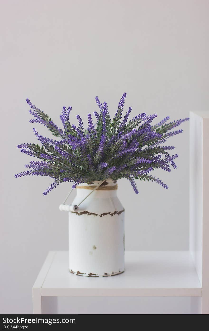 Lavender in a vintage iron pot is on a white wooden shelf. Lavender in a vintage iron pot is on a white wooden shelf