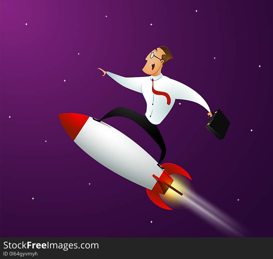 Happy Businessman Standing On Rocket Ship